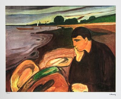 un tableau représentant une femme assise sur une plage