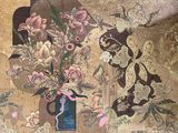 a painting of flowers in a vase on the wall