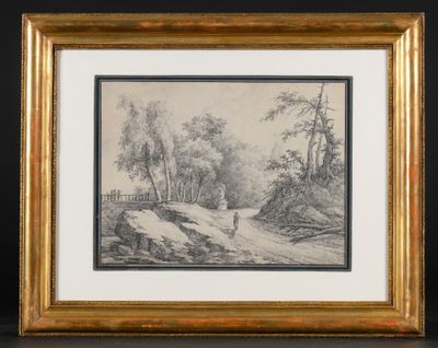 un dessin en noir et blanc représentant un paysage boisé