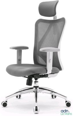 une chaise de bureau avec une assise grise et un piètement blanc