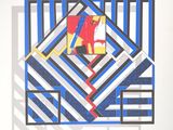a picture of a picture of a man on a skateboard in a geometric pattern