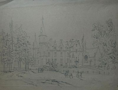 dessin représentant une vue d'un château avec une tour horloge en arrière-plan