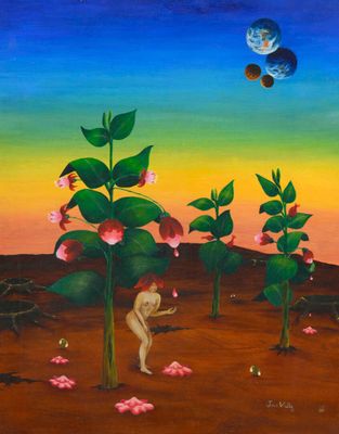 a painting of a cat in the middle of a field with flowers
