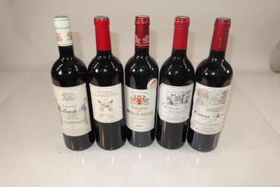 six bottles of red wine are lined up on a counter