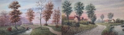 tableau représentant une scène champêtre avec un ruisseau et une maison