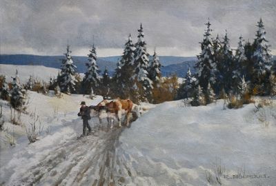 un tableau représentant deux chevaux tirant un traîneau dans la neige