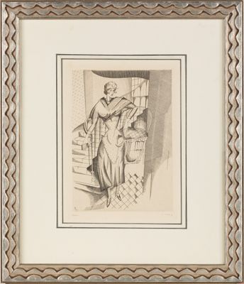 un dessin en noir et blanc représentant une femme descendant un escalier