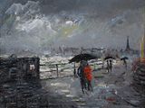 a painting of people walking in the rain with umbrellas