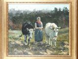 a painting of a woman and two cows in a field
