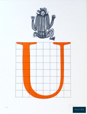 un dessin représentant une grenouille assise sur la lettre « u »
