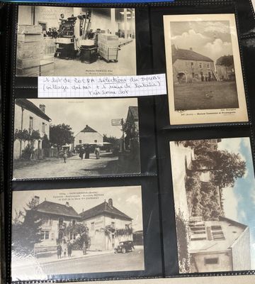 several old black and white photos of old buildings and people