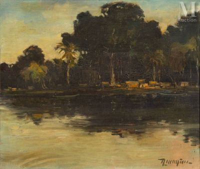an image of a painting of a river with trees in the background
