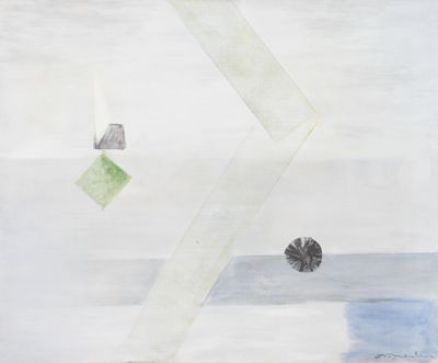 une peinture abstraite représentant un zigzag blanc et vert sur fond blanc