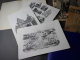 several old black and white photos of a building with a clock