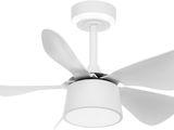 a close up of a white ceiling fan on a white wall