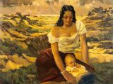 une peinture à l'huile représentant une femme tenant un bébé dans un champ