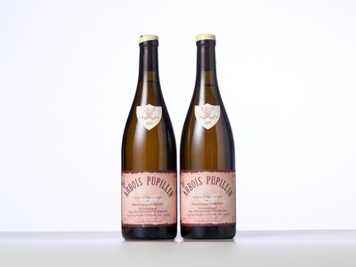 two bottles of wine sitting next to each other on a table