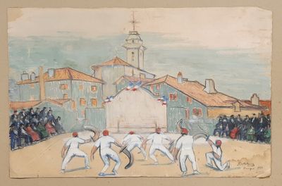 painting of a group of men playing a game of tennis