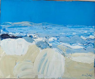 un tableau représentant une scène de plage sous un ciel bleu