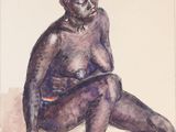 tableau représentant une femme assise par terre, les jambes croisées