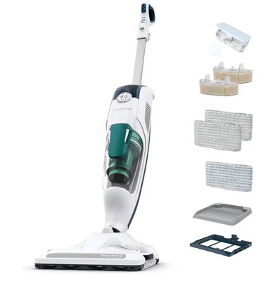 un gros plan d'un aspirateur accompagné de plusieurs accessoires de nettoyage sur fond blanc