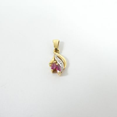 a yellow gold pendant with a pink stone and white diamonds