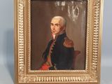 un tableau représentant un homme en uniforme militaire, dans un cadre doré