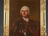 a painting of a man in armor standing next to a easel