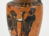 a vase with a painting of a man and a woman on it
