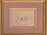 dessin représentant une maison dans un champ, avec des arbres en arrière-plan