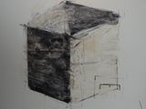 dessin représentant une boîte noire et blanche sur un mur blanc