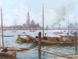 tableau représentant des bateaux dans un port, avec une église en arrière-plan