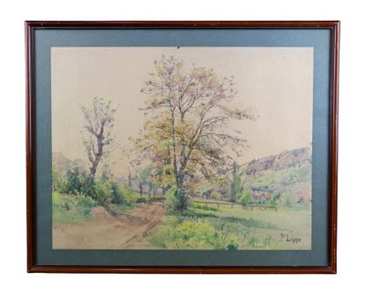 a painting of a tree in a field with a dirt road