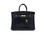 a black leather handbag on a white background