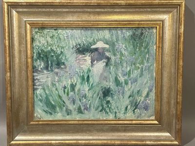 une peinture à l'huile représentant une femme dans un champ, avec une ombrelle