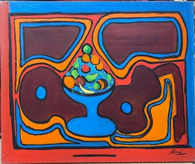 painting of a bowl of fruit on a table with a guitar in it