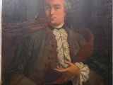 painting of a man in a brown coat holding a book