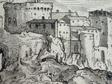 an old drawing of a castle on a hill with a mountain in the background