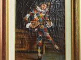 painting of a clown in a suit with a tennis racquet in his hand