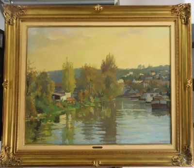une photo d'un tableau représentant une rivière avec des maisons en arrière-plan