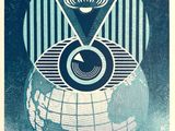 an image of a blue and white poster with a picture of a globe