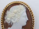 an image of a woman ' s profile is shown in a gold - plated broocher