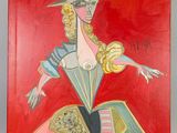 a painting of a woman with a crown on her head and a red background