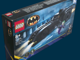 lego batman batmobile set in its box on a blue background