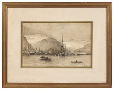 tableau représentant une scène portuaire avec des bateaux et des montagnes en arrière-plan