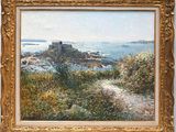 an oil painting of a path leading to a castle by the ocean