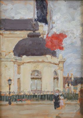 an oil painting of a building with a flag on top of it