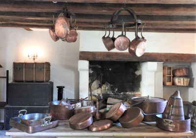 many pots and pans on the counter in the kitchen