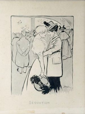 drawing of a man and a woman kissing in front of a group of people