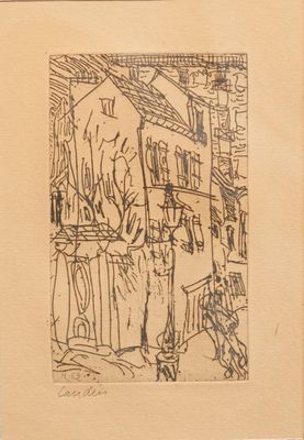 dessin représentant une scène de rue avec des bâtiments et un homme assis sur un banc
